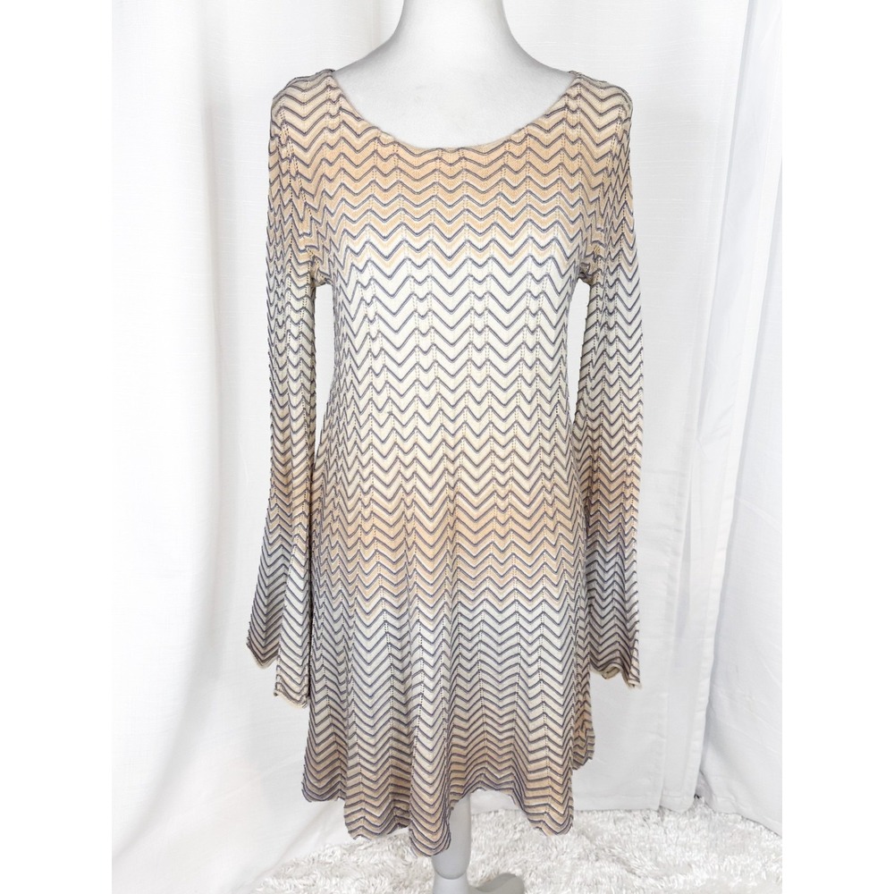 Free People Bella Ombré Chevron Knit Dress XS Bell Sleeve Boho Cream Blue EUC